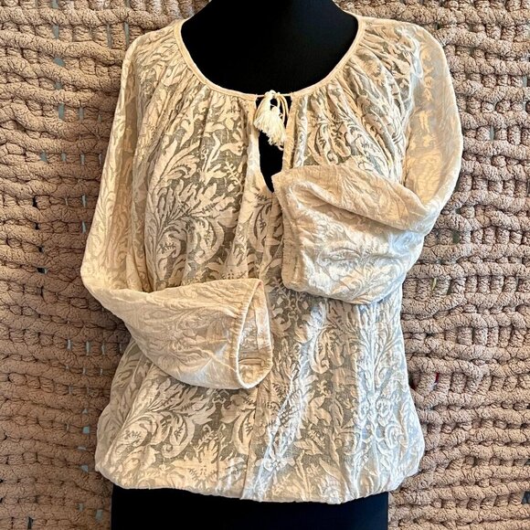 Chico's Elegant Ivory Burnout Peasant Blouse - 3/4 Sleeve & Tassel Detail Size M - Picture 1 of 13